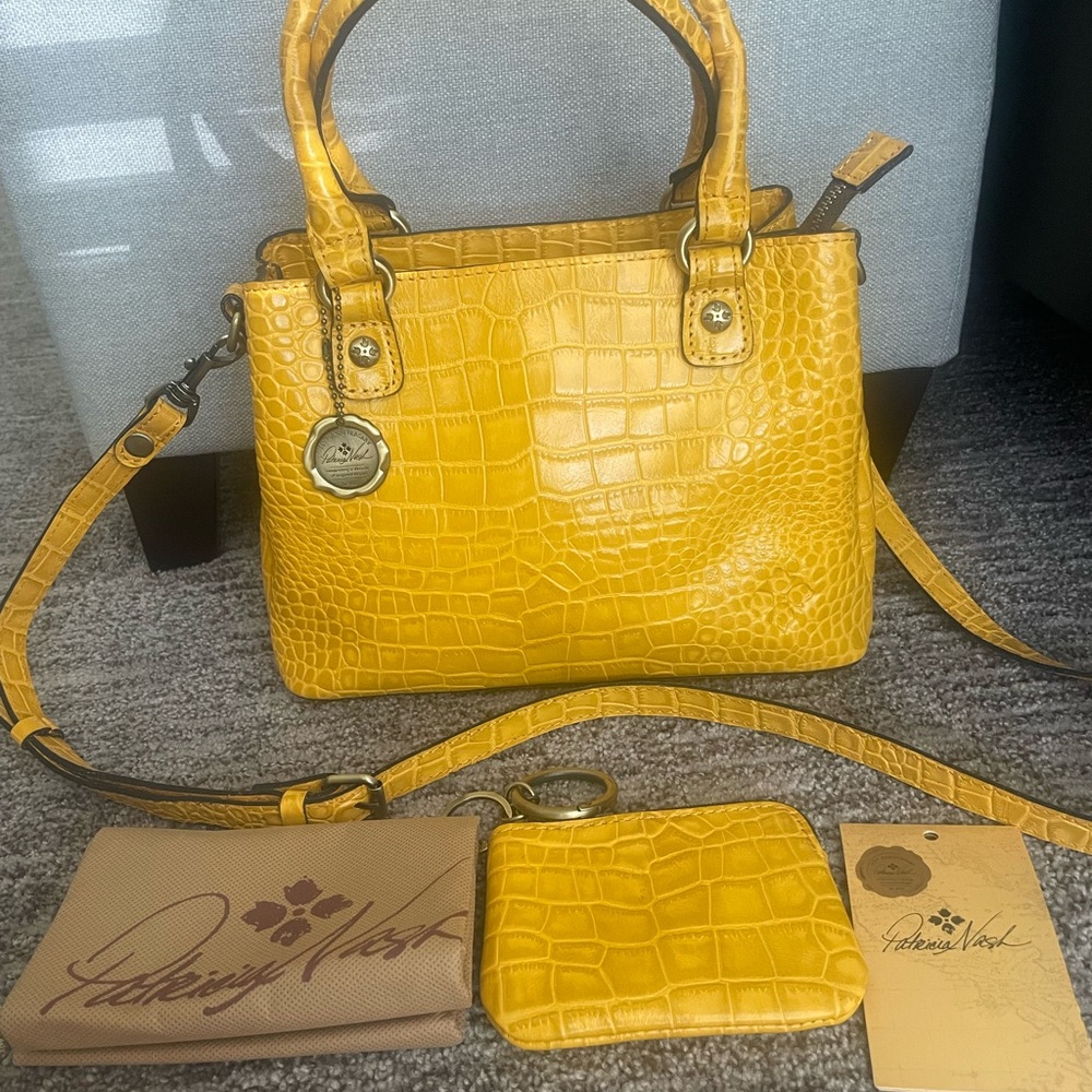 Patricia Nash Yellow Leather Croc-Embossed Satchel with Coin Purse Key Ring